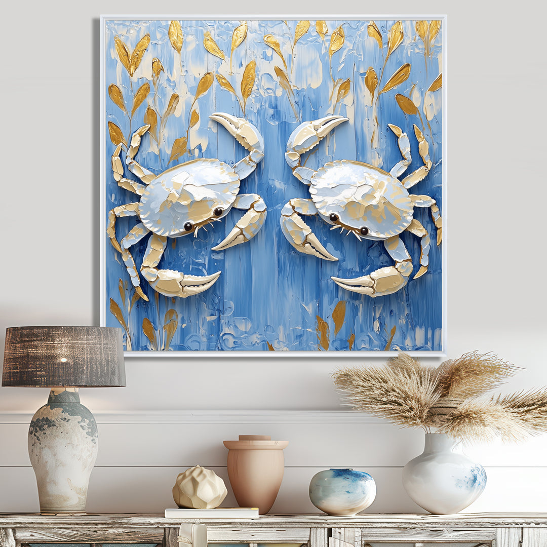 Blue White Coastal Crab Battle - Crab Wall Decor