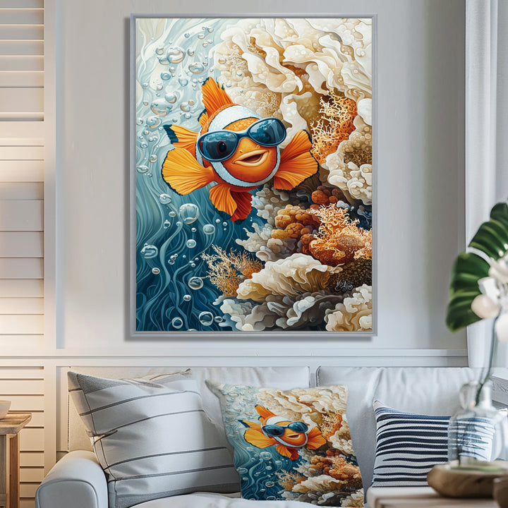 Orange Nemo Fish With Glasses In The Ocean - Fish Large Canvas Wall Art