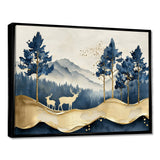 Golden Deer In Pine Tree Misty Mountain - Gold Deer Wall Art