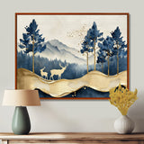 Golden Deer In Pine Tree Misty Mountain - Gold Deer Wall Art