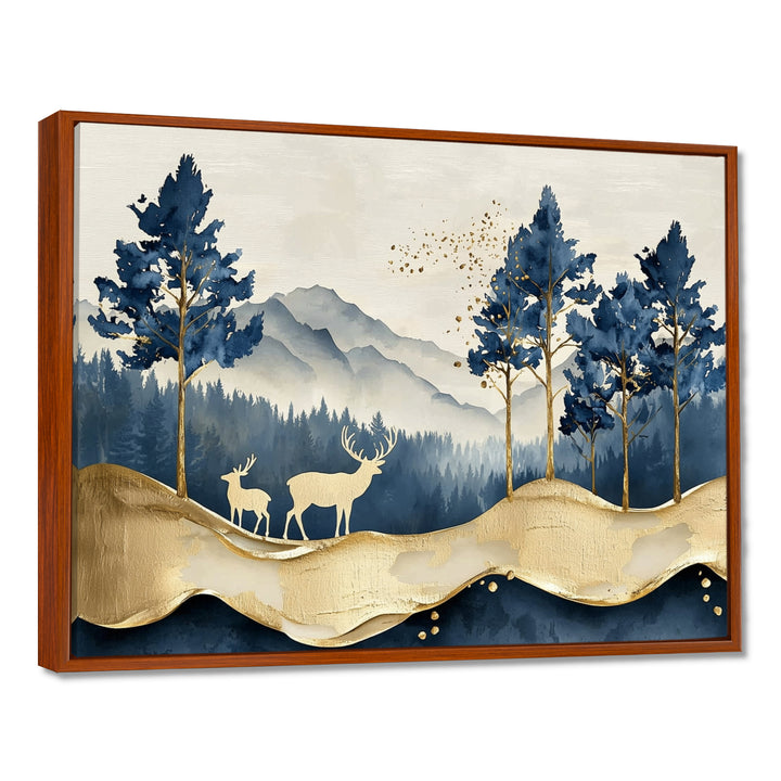 Golden Deer In Pine Tree Misty Mountain - Gold Deer Wall Art