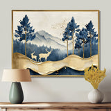 Golden Deer In Pine Tree Misty Mountain - Gold Deer Wall Art