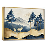 Golden Deer In Pine Tree Misty Mountain - Gold Deer Wall Art