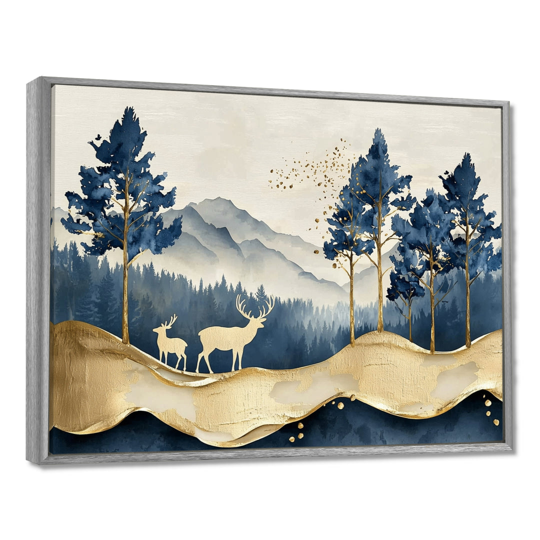 Golden Deer In Pine Tree Misty Mountain - Gold Deer Wall Art