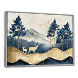 Golden Deer In Pine Tree Misty Mountain - Gold Deer Wall Art