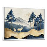 Golden Deer In Pine Tree Misty Mountain - Gold Deer Wall Art