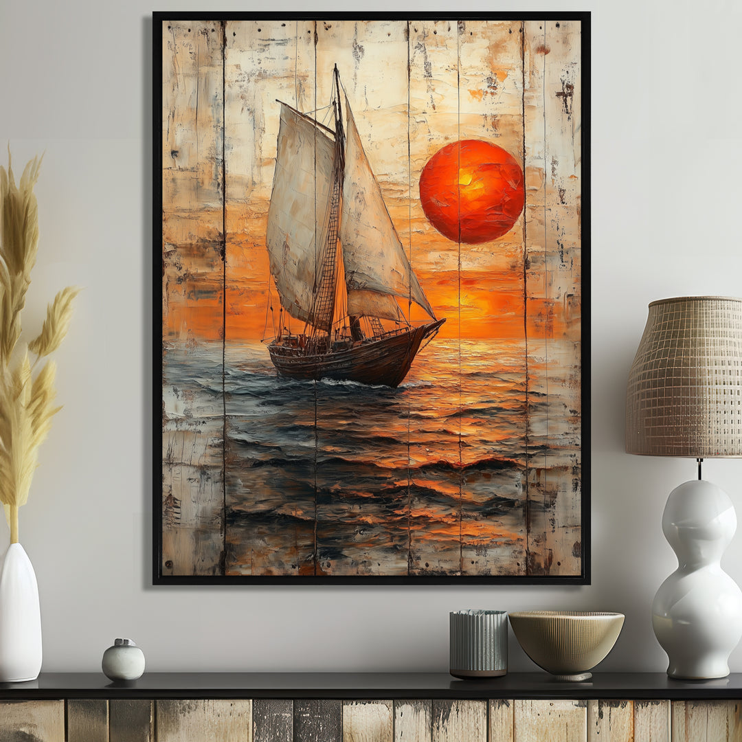 Orange Sunset Aegean Greek Trireme Ship - Boat Sailing Canvas Wall Art