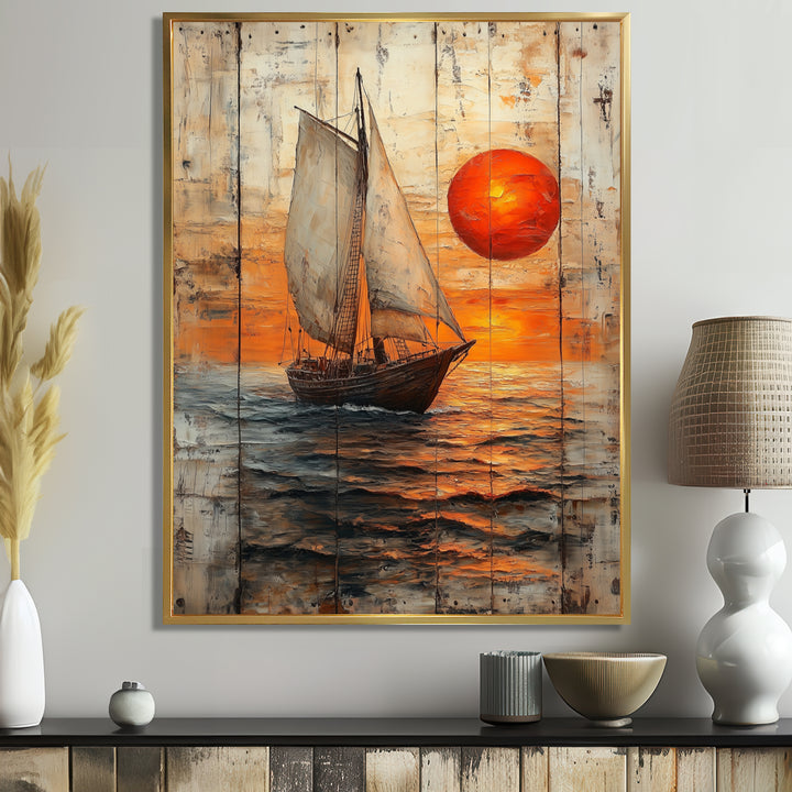 Orange Sunset Aegean Greek Trireme Ship - Boat Sailing Canvas Wall Art