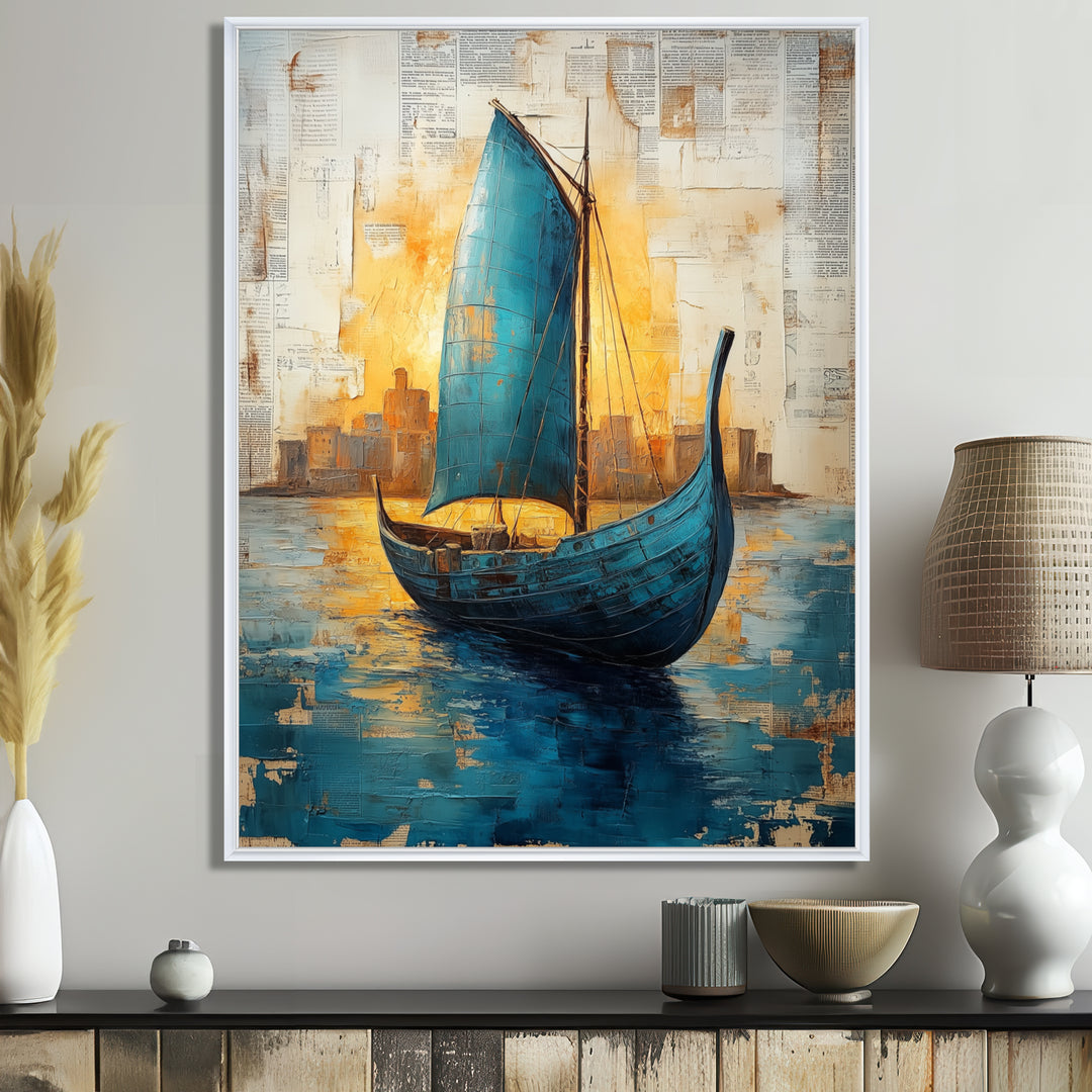 Blue Ancient Glory Greek Trireme Ship - Vikings Boat Canvas Wall Art