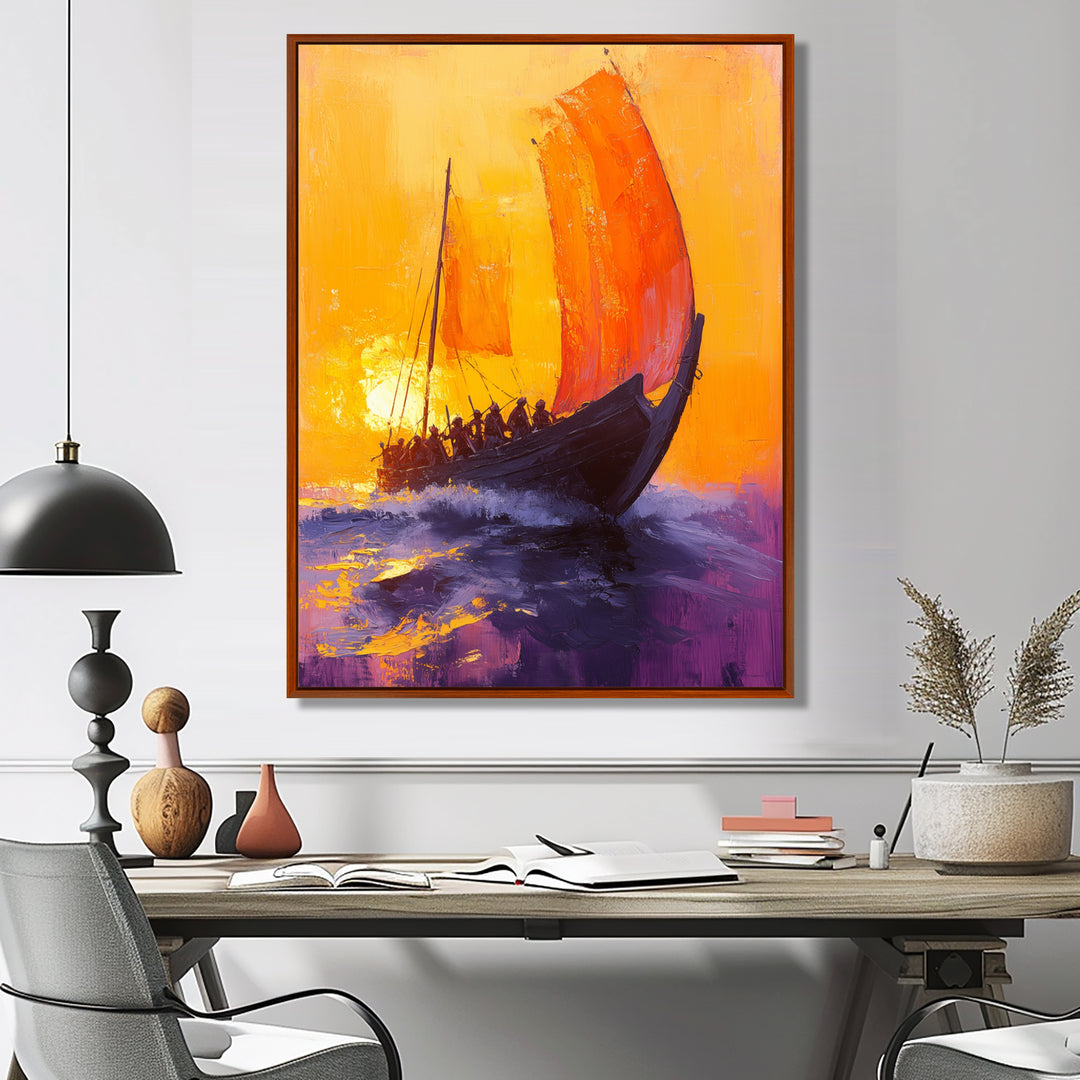 Yellow Rowing Warriors Greek Trireme Ship - Vikings Boat Canvas Wall Art
