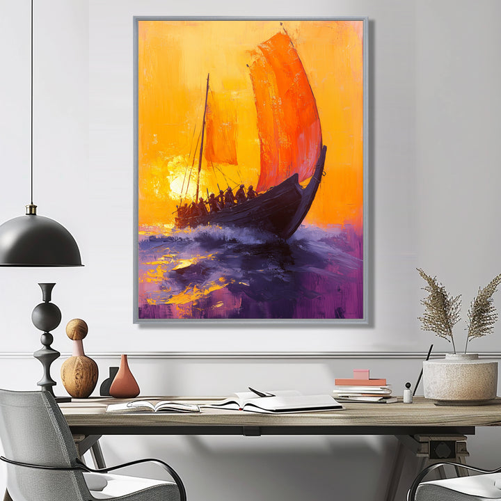 Yellow Rowing Warriors Greek Trireme Ship - Vikings Boat Canvas Wall Art