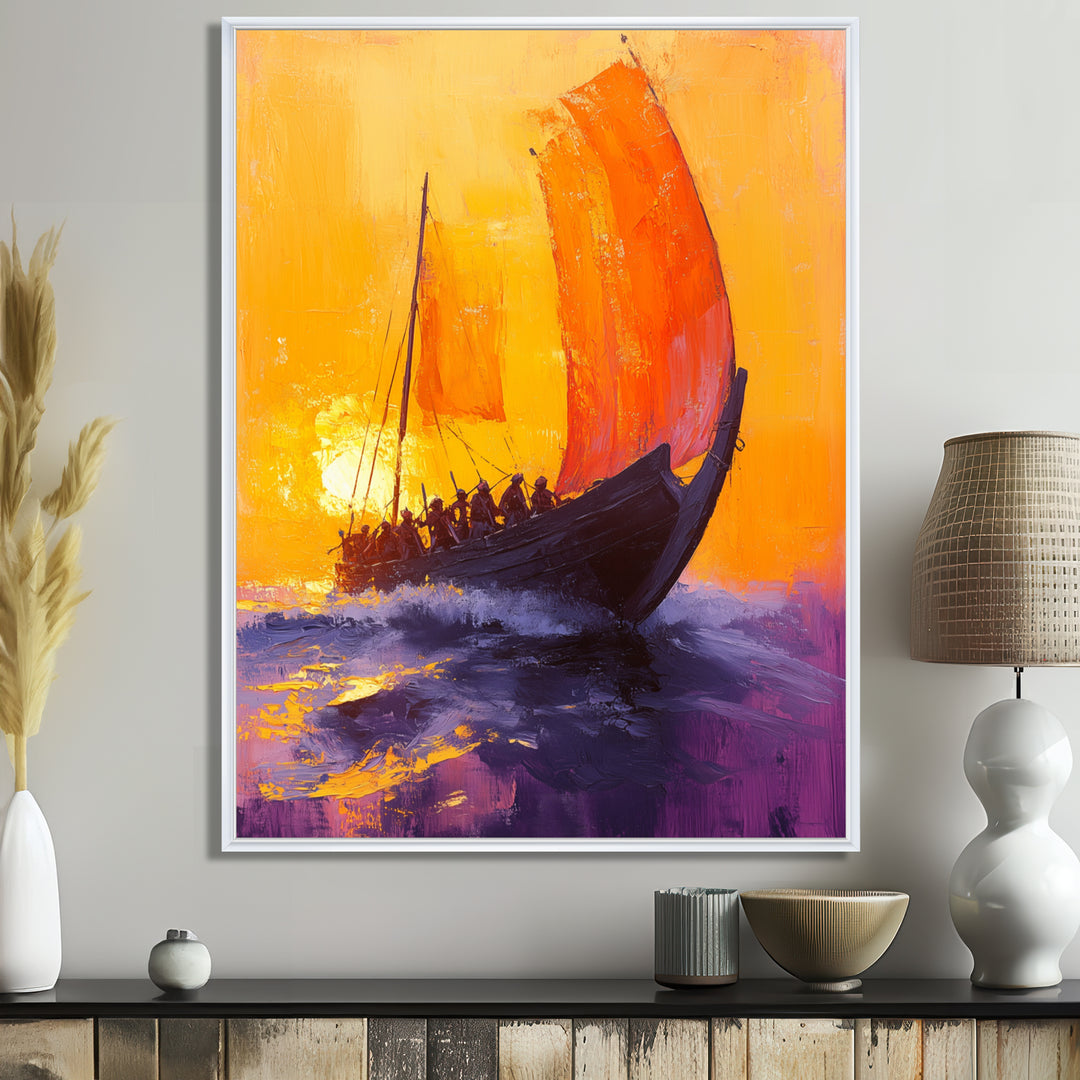 Yellow Rowing Warriors Greek Trireme Ship - Vikings Boat Canvas Wall Art