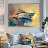 Boat Yacht In Blue And Yellow Tones - Boat Yacht Canvas Wall Art