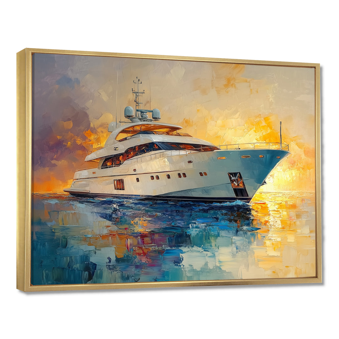 Boat Yacht In Blue And Yellow Tones - Boat Yacht Canvas Wall Art