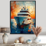 Boat Yacht In Green And Orange Tones - Boat Yacht Canvas Wall Art