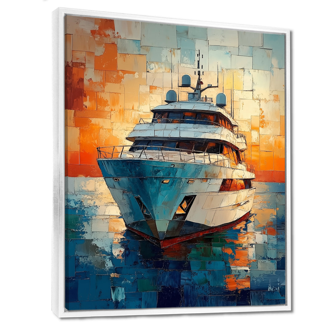 Boat Yacht In Green And Orange Tones - Boat Yacht Canvas Wall Art