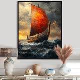 Red Vikings Boat Longship in Battle - Vikings Boat Canvas Wall Art