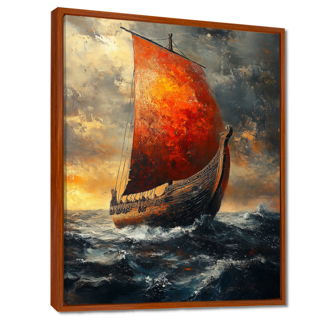 Red Vikings Boat Longship in Battle - Vikings Boat Canvas Wall Art