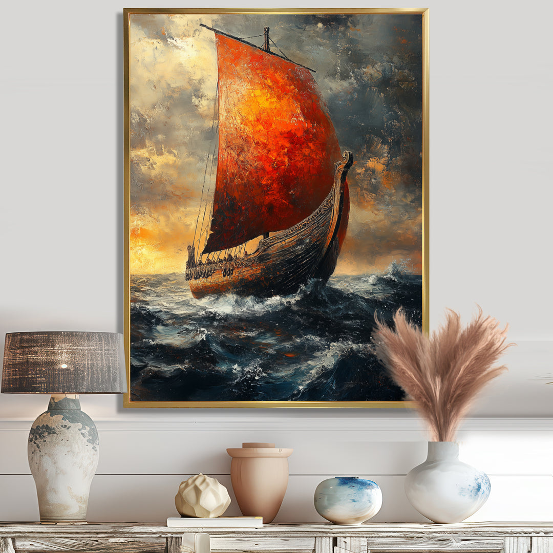 Red Vikings Boat Longship in Battle - Vikings Boat Canvas Wall Art