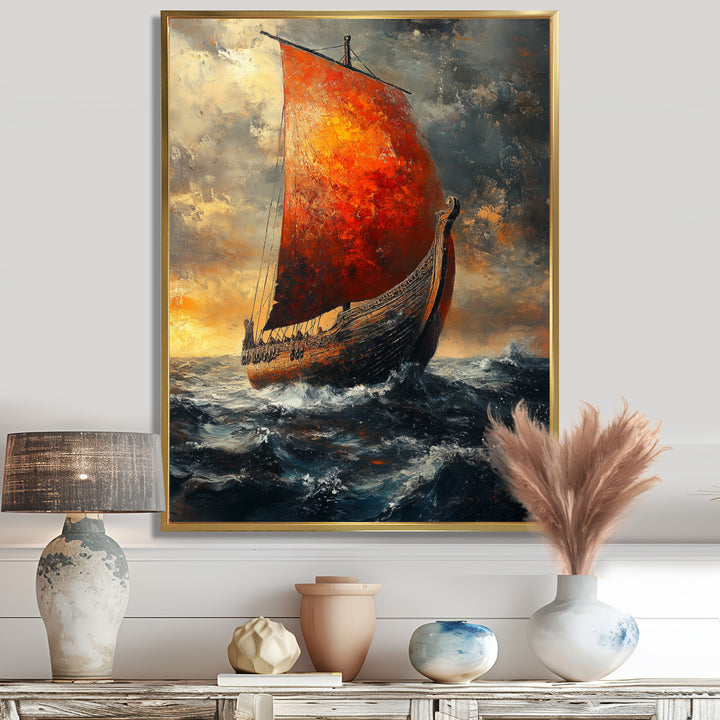 Red Vikings Boat Longship in Battle - Vikings Boat Canvas Wall Art