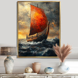 Red Vikings Boat Longship in Battle - Vikings Boat Canvas Wall Art