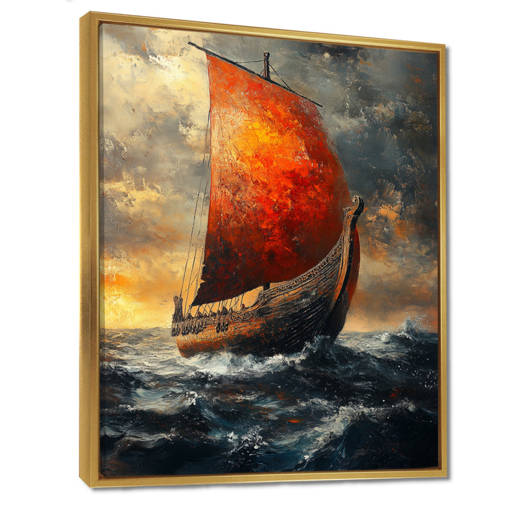 Red Vikings Boat Longship in Battle - Vikings Boat Canvas Wall Art