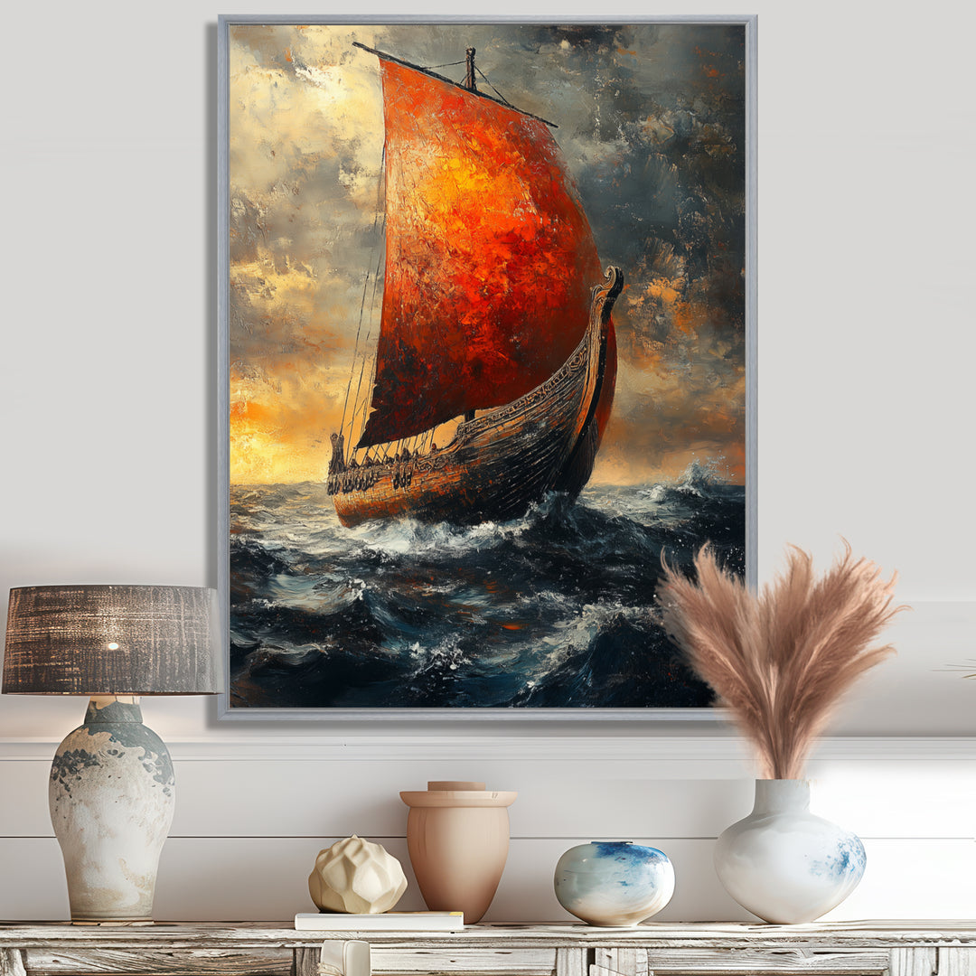 Red Vikings Boat Longship in Battle - Vikings Boat Canvas Wall Art