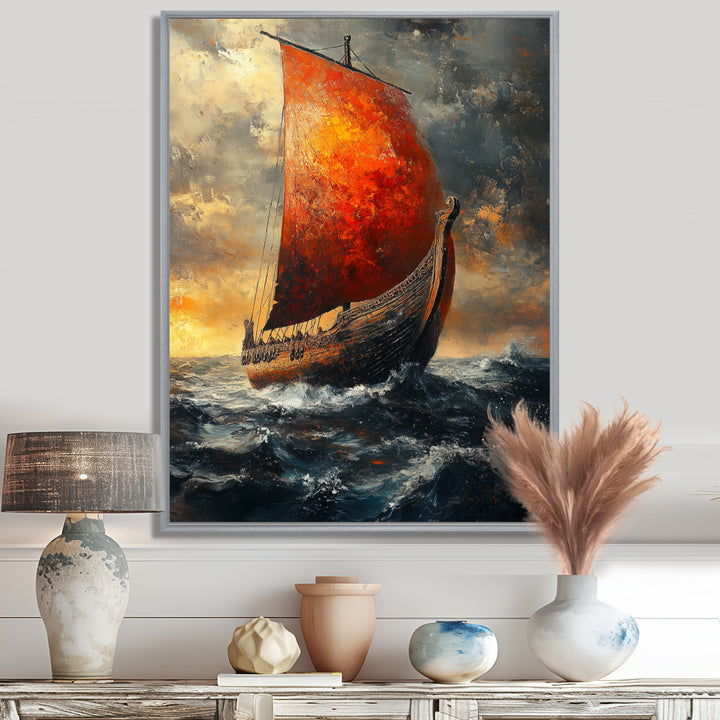 Red Vikings Boat Longship in Battle - Vikings Boat Canvas Wall Art