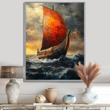 Red Vikings Boat Longship in Battle - Vikings Boat Canvas Wall Art