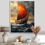 Red Vikings Boat Longship in Battle - Vikings Boat Canvas Wall Art