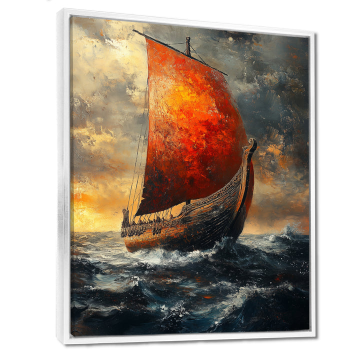 Red Vikings Boat Longship in Battle - Vikings Boat Canvas Wall Art