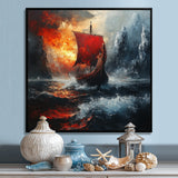 Red Vikings Boat Longship In The Icebergs - Vikings Boat Canvas Wall Art