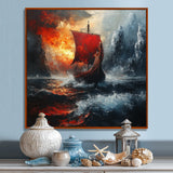 Red Vikings Boat Longship In The Icebergs - Vikings Boat Canvas Wall Art