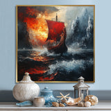 Red Vikings Boat Longship In The Icebergs - Vikings Boat Canvas Wall Art