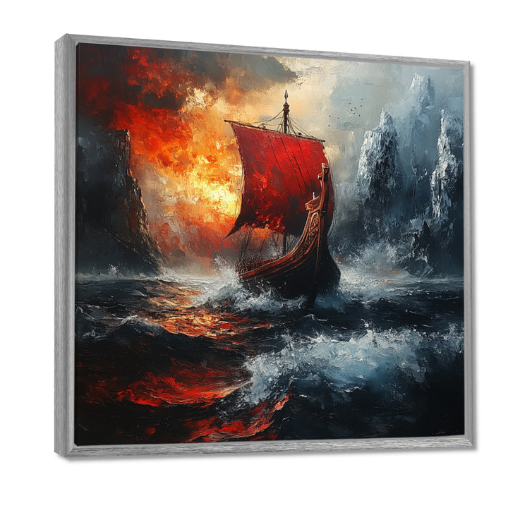 Red Vikings Boat Longship In The Icebergs - Vikings Boat Canvas Wall Art