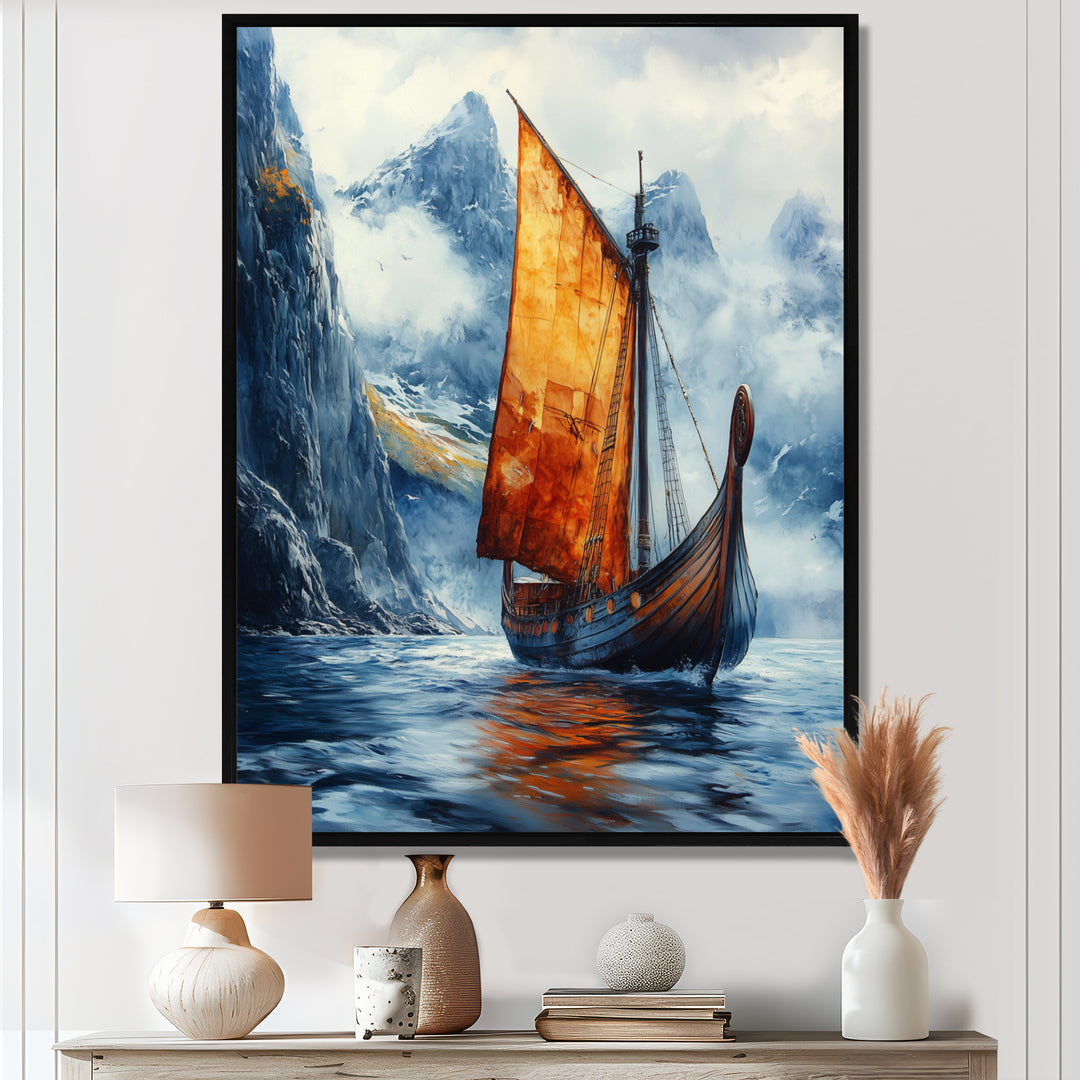 Orange Vikings Boat Longship in Battle I - Vikings Boat Canvas Wall Art