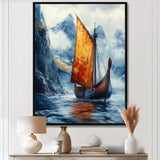 Orange Vikings Boat Longship in Battle I - Vikings Boat Canvas Wall Art