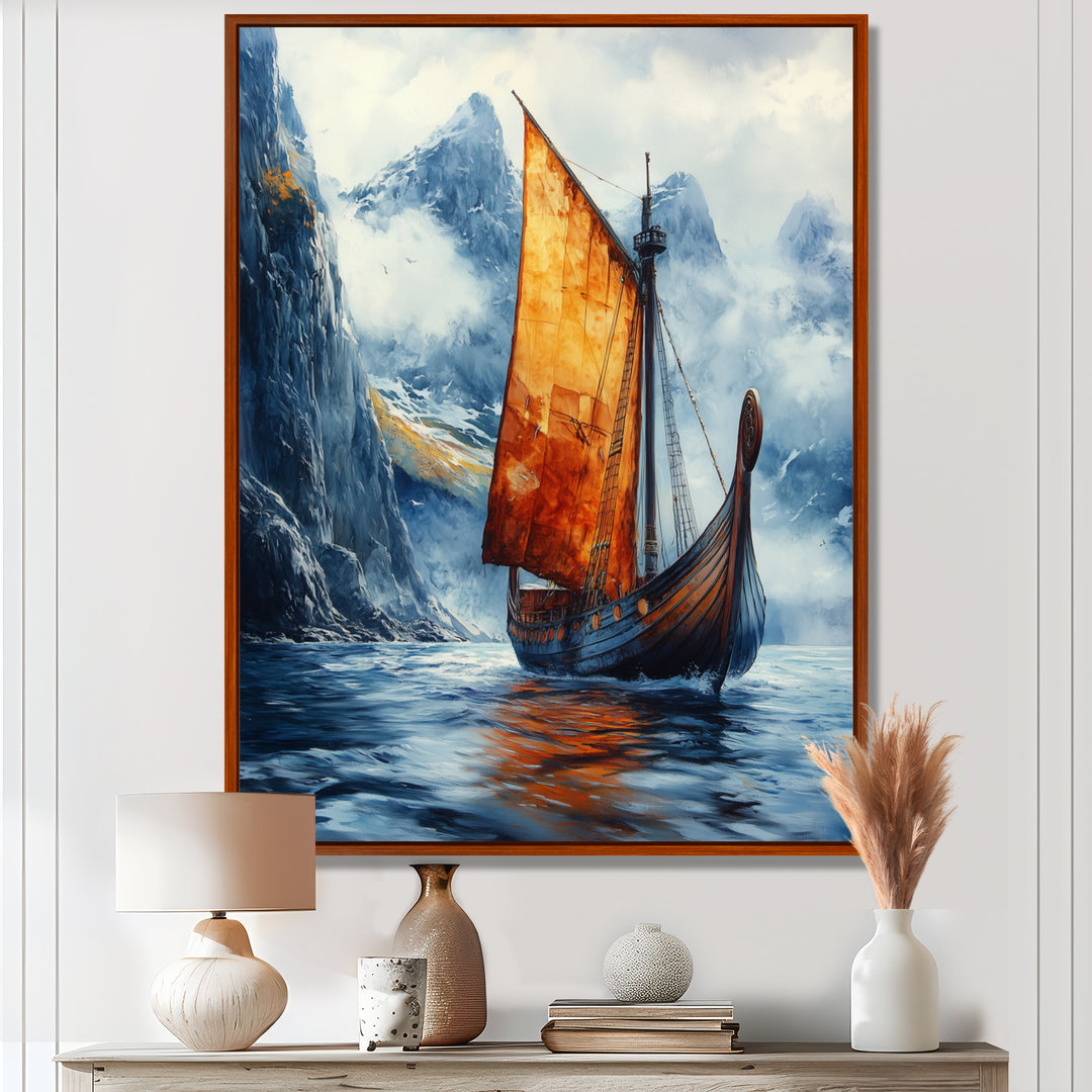 Orange Vikings Boat Longship in Battle I - Vikings Boat Canvas Wall Art