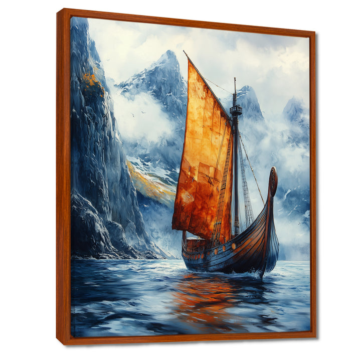 Orange Vikings Boat Longship in Battle I - Vikings Boat Canvas Wall Art