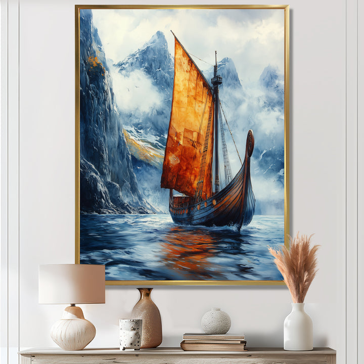 Orange Vikings Boat Longship in Battle I - Vikings Boat Canvas Wall Art