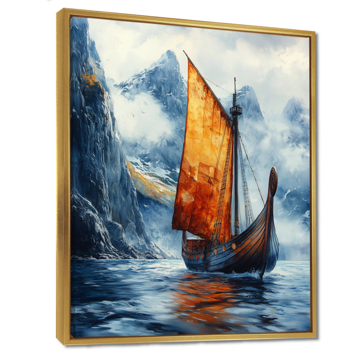 Orange Vikings Boat Longship in Battle I - Vikings Boat Canvas Wall Art