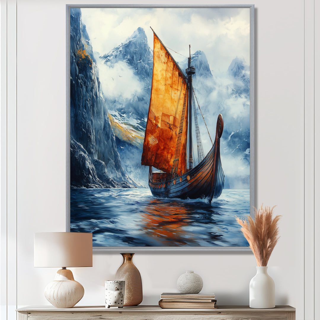 Orange Vikings Boat Longship in Battle I - Vikings Boat Canvas Wall Art