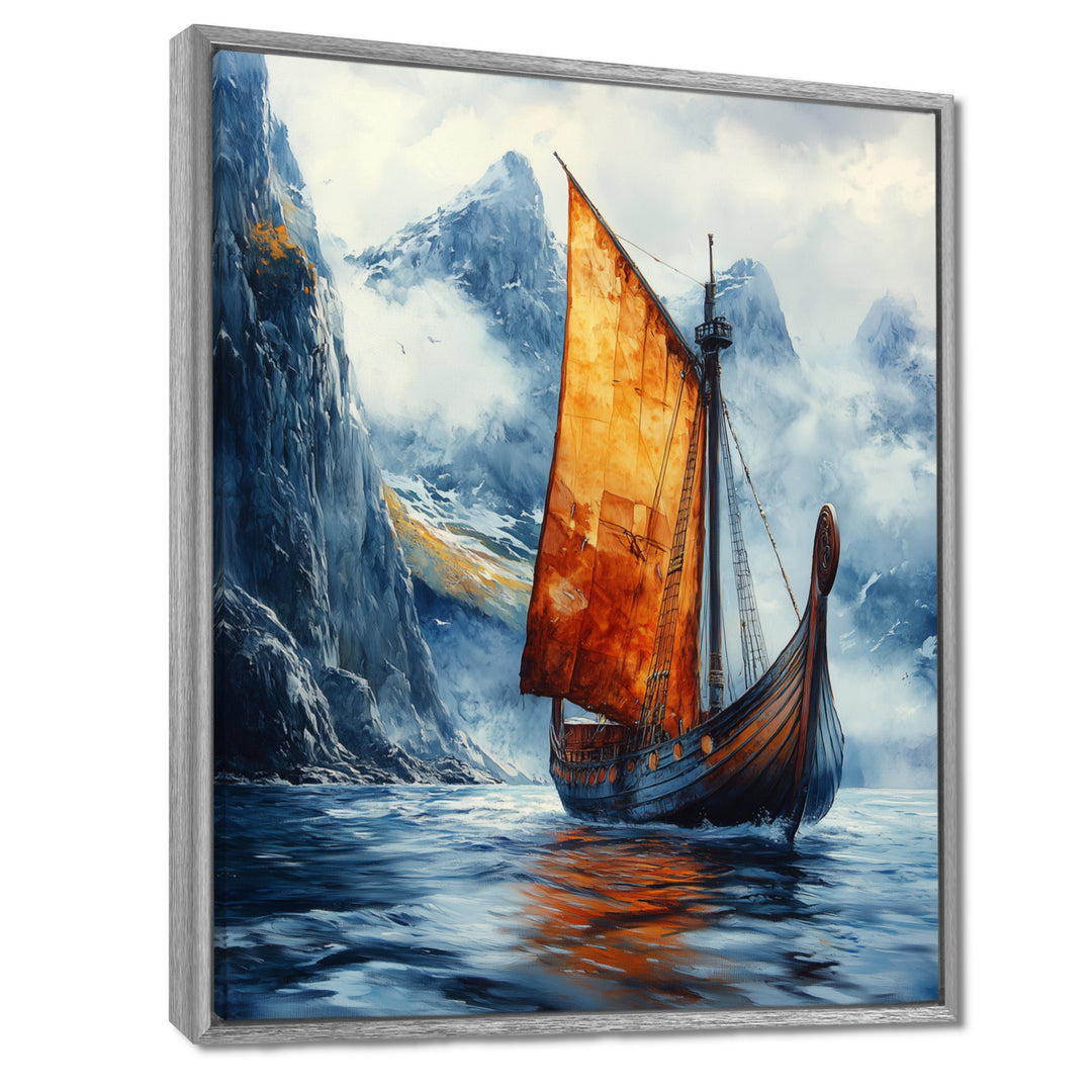 Orange Vikings Boat Longship in Battle I - Vikings Boat Canvas Wall Art
