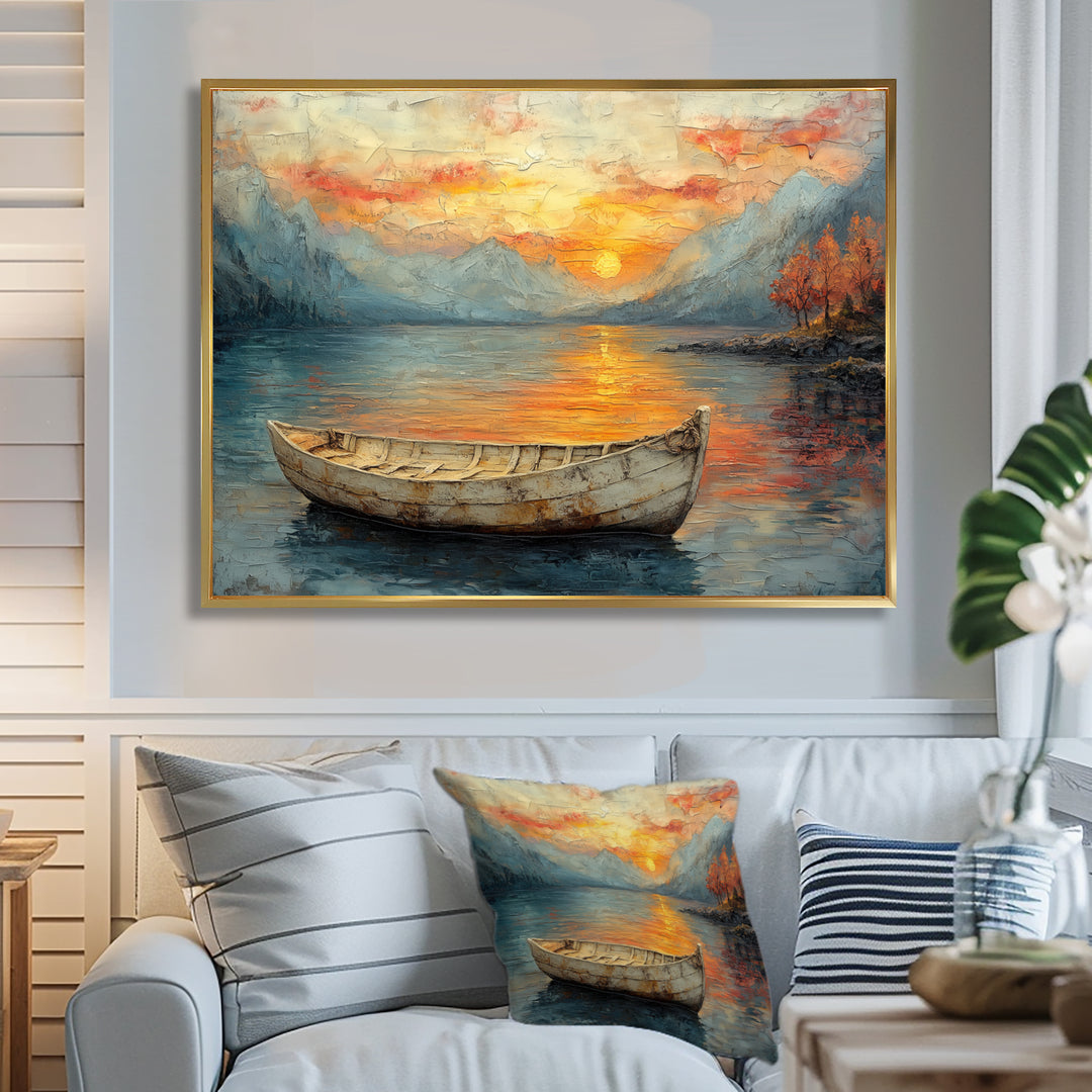Yellow Vikings Boat Sunset Voyage On The Fjord - Vikings Boat Canvas Wall Art