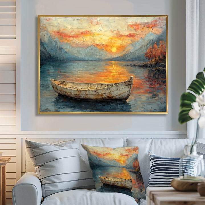 Yellow Vikings Boat Sunset Voyage On The Fjord - Vikings Boat Canvas Wall Art