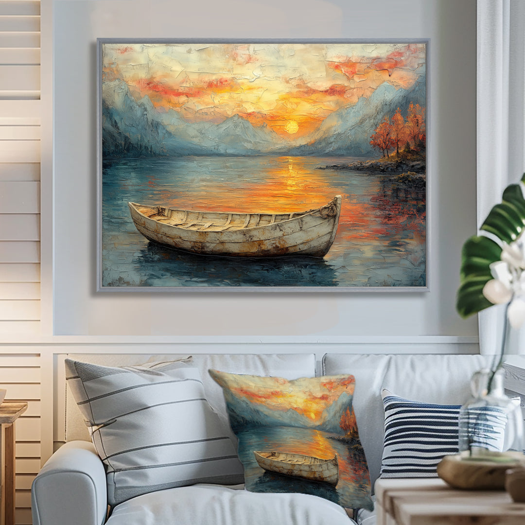 Yellow Vikings Boat Sunset Voyage On The Fjord - Vikings Boat Canvas Wall Art
