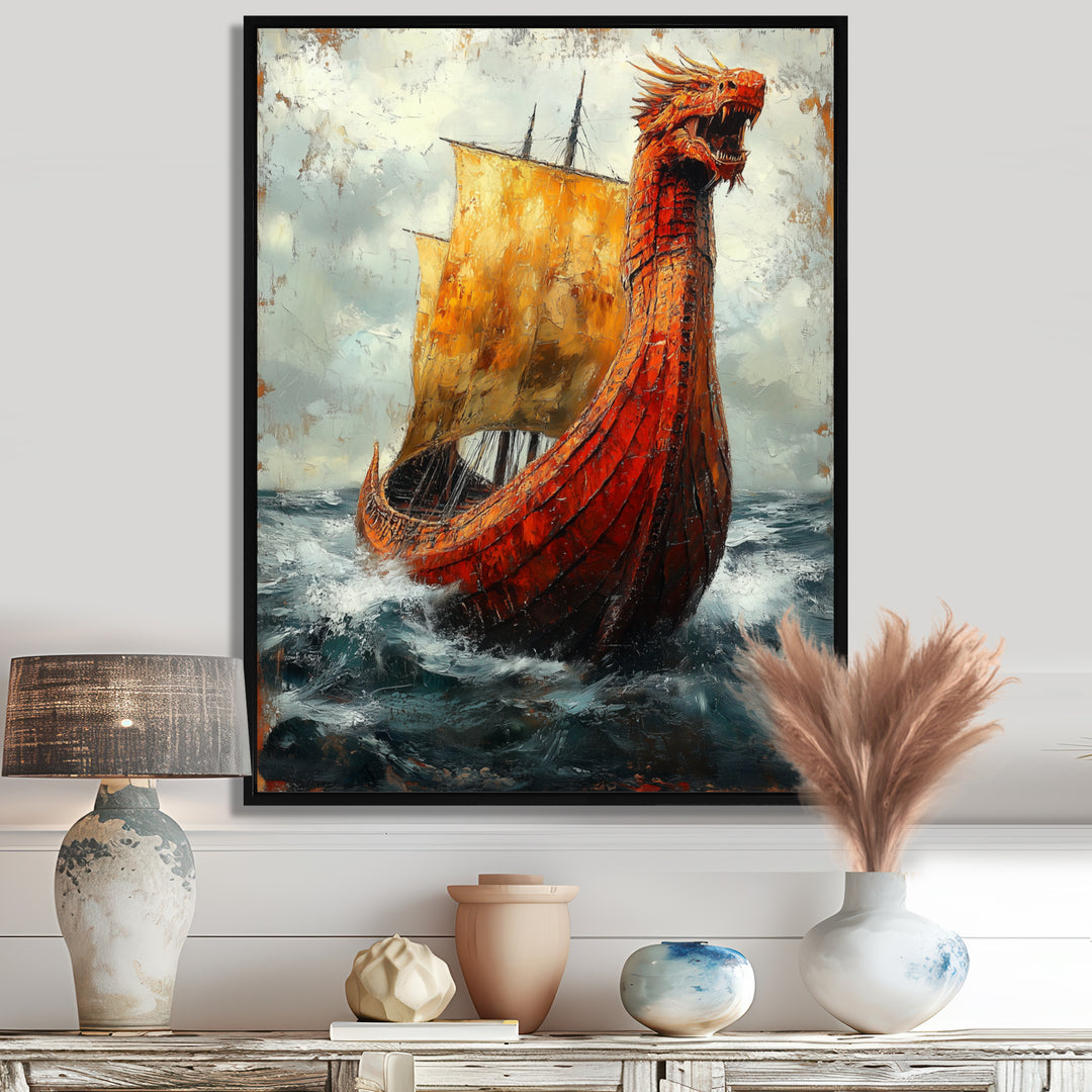 Yellow Vikings Boat Longship in Battle - Vikings Boat Canvas Wall Art