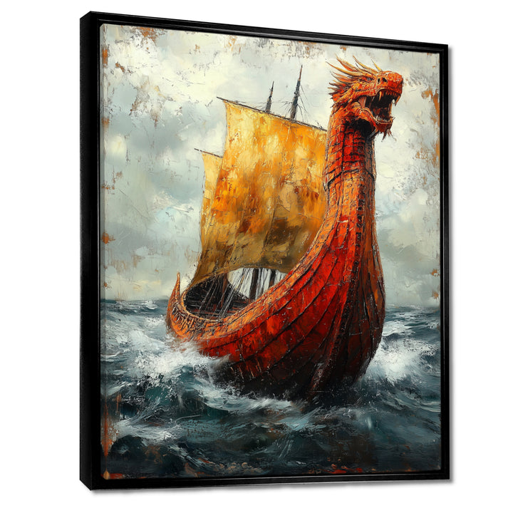 Yellow Vikings Boat Longship in Battle - Vikings Boat Canvas Wall Art