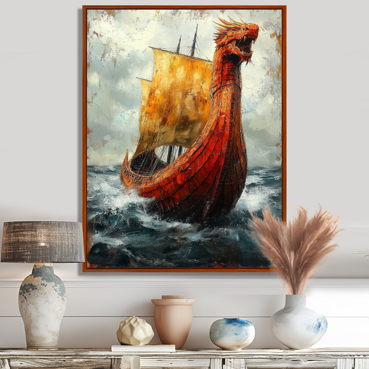 Yellow Vikings Boat Longship in Battle - Vikings Boat Canvas Wall Art
