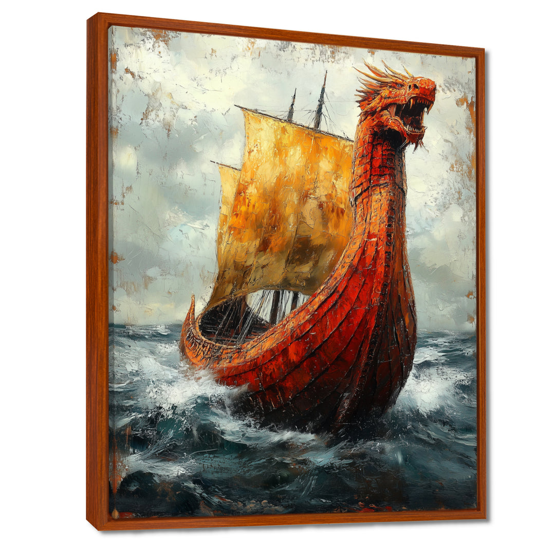 Yellow Vikings Boat Longship in Battle - Vikings Boat Canvas Wall Art